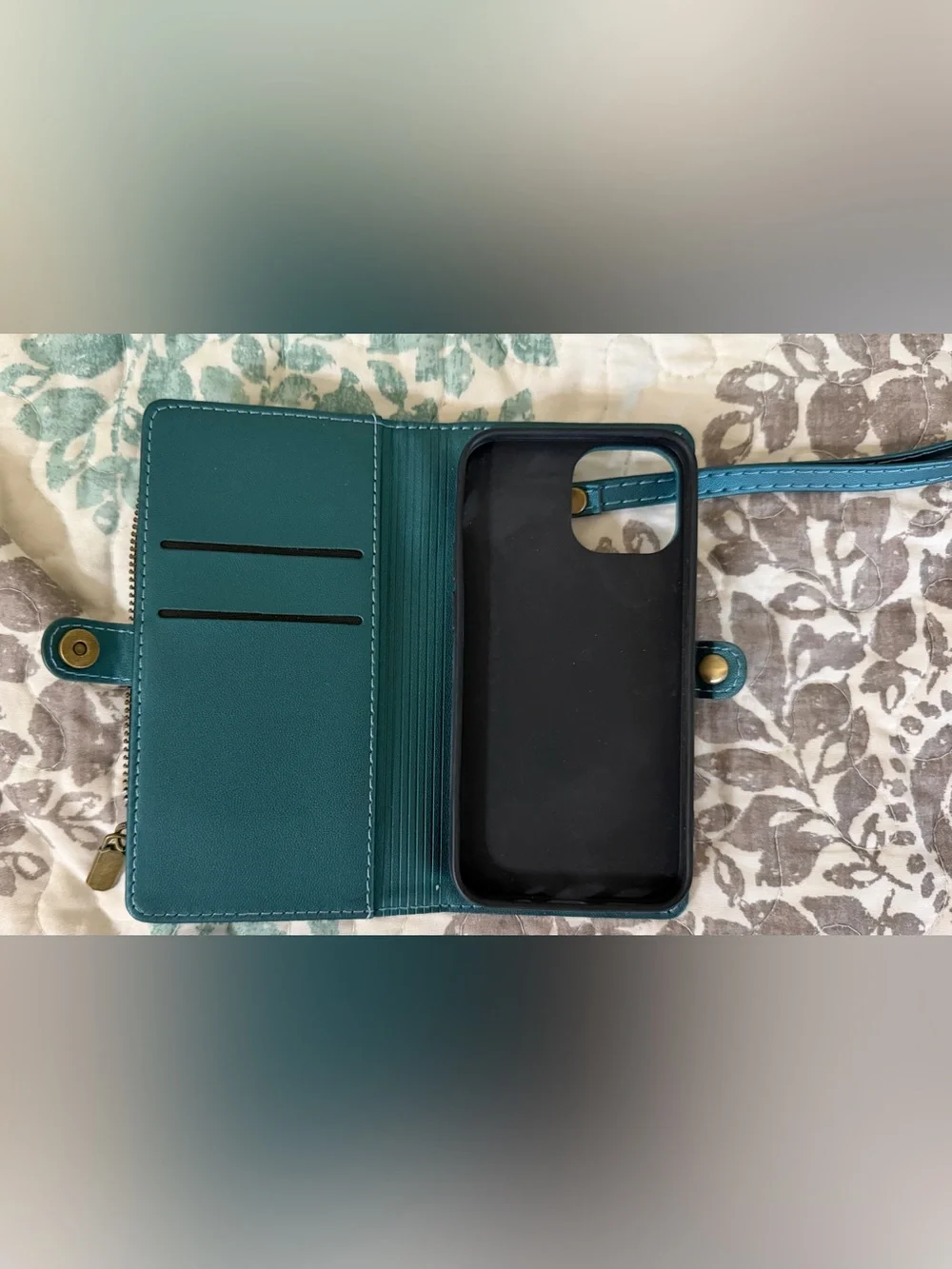 Teal Wallet Phone Case with Wrist Strap and Zippered Pocket